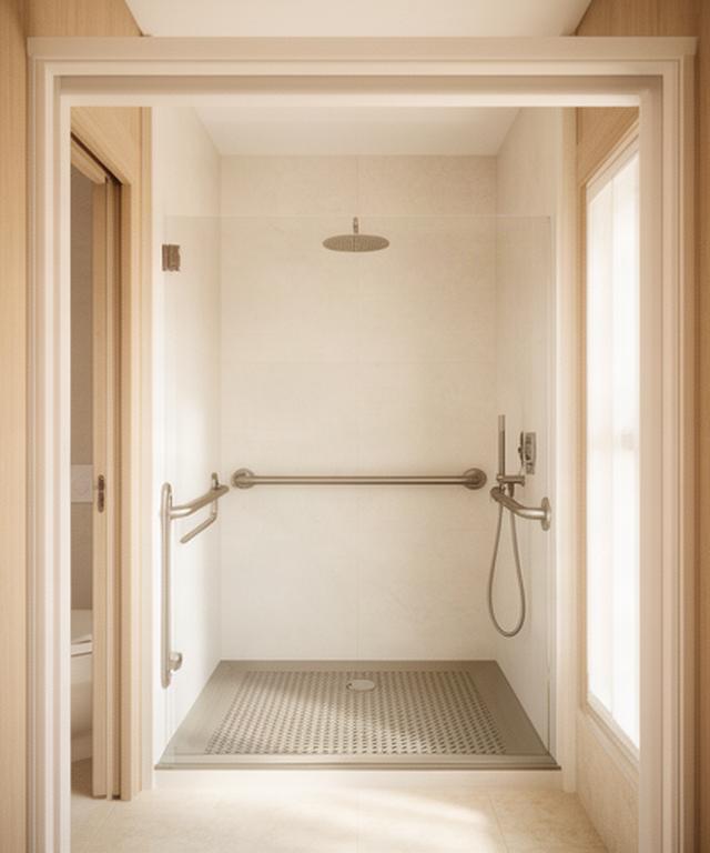 Baño adaptado con ducha a ras de suelo y barras de apoyo en una vivienda de Valencia