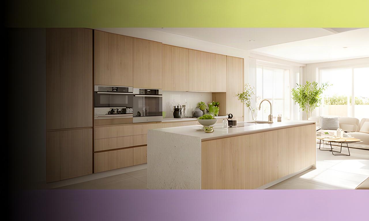 Cocina moderna reformada con madera clara, encimera de piedra y luz natural en una vivienda de Valencia