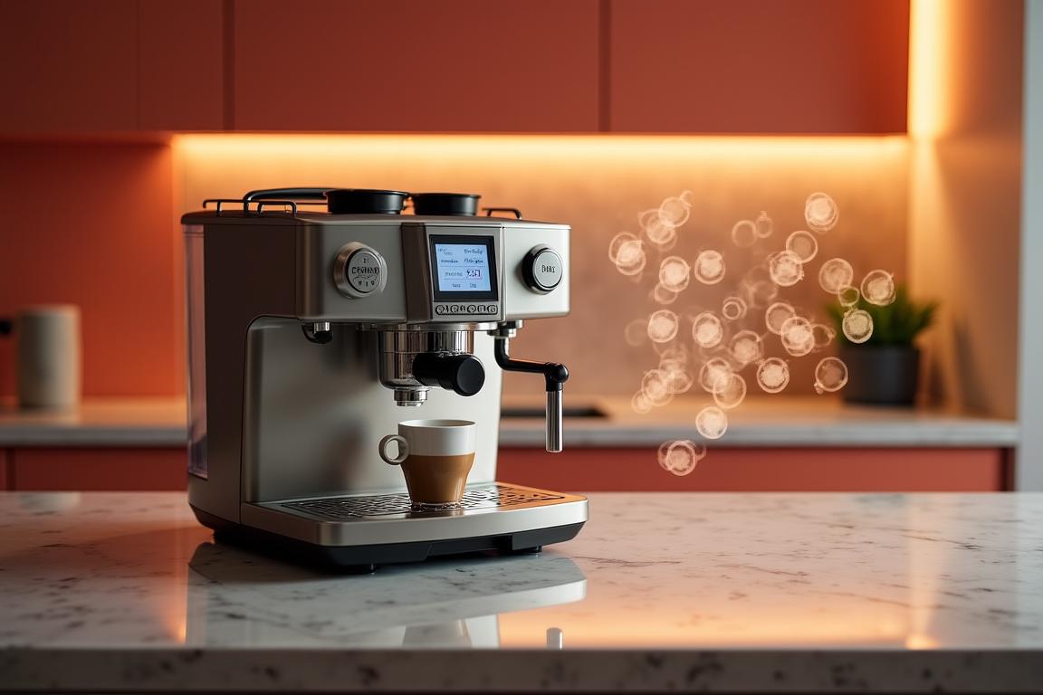 A conceptual image of daily life patterns represented by glowing data loops around a coffee machine
