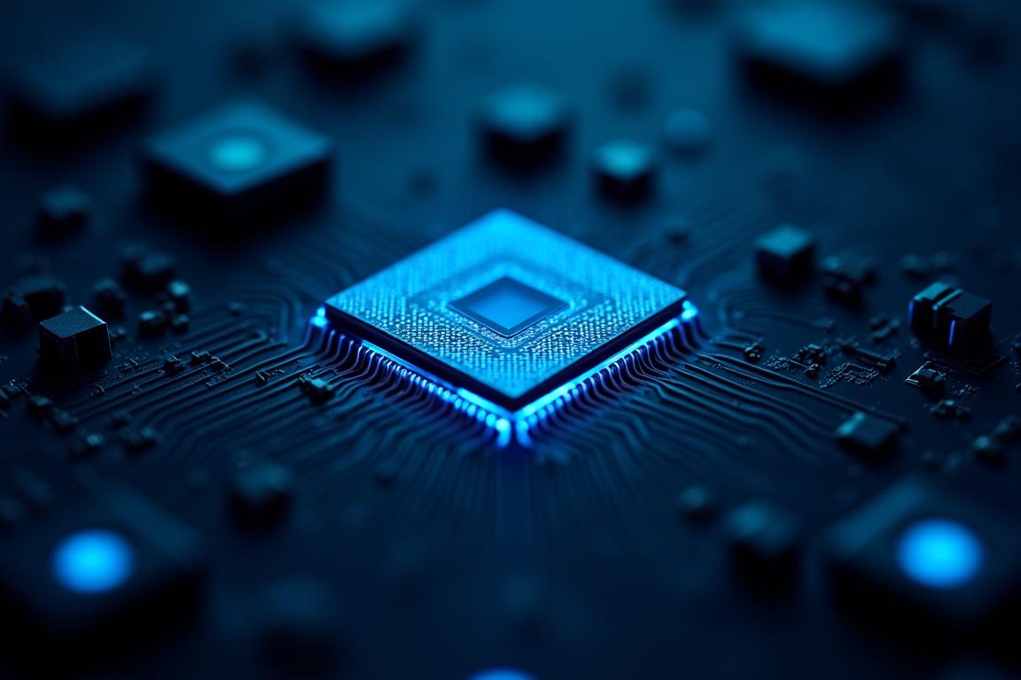 Stylized chip on a circuit board glowing with blue energy, highlighting local processing