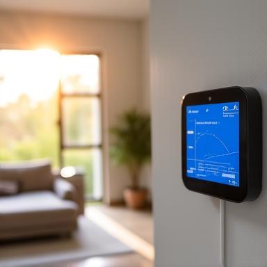 Modern living room with a smart climate control visual interface