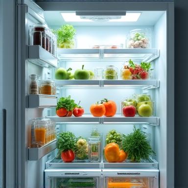 Internal view of a smart refrigerator with digital AI overlays for food tracking