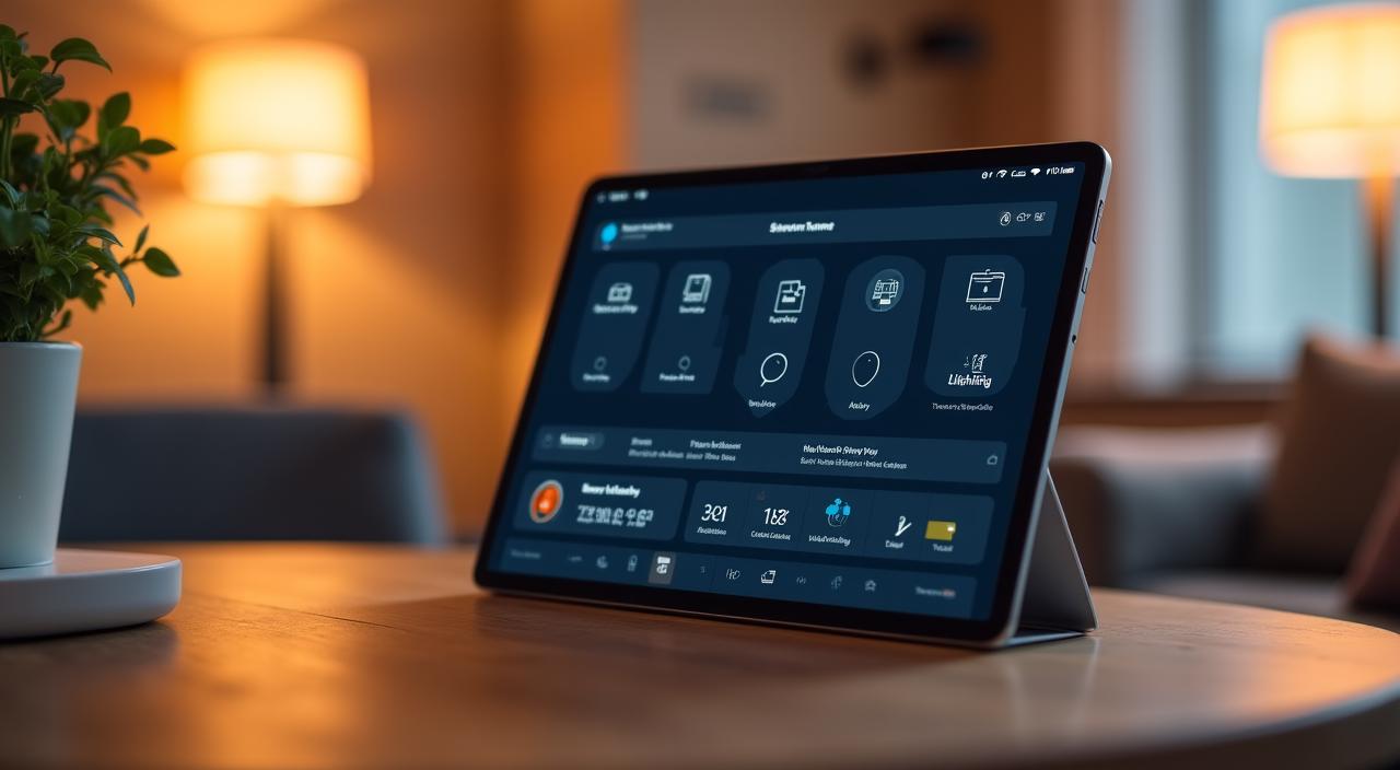 A sleek tablet showing a minimalist smart home dashboard with warm lighting