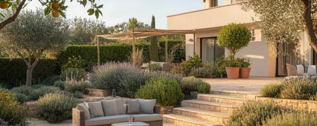 Jardín mediterráneo con terraza de piedra en una vivienda de Puzol