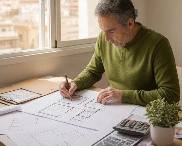 Profesional autónomo revisando planos y cuentas en su despacho luminoso de Valencia