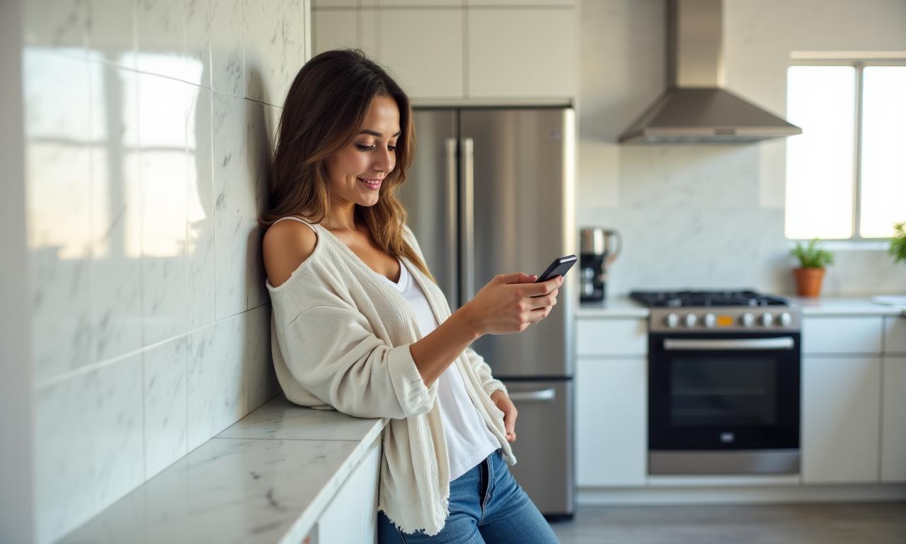 A person comfortably using a smartphone to interact with their smart kitchen